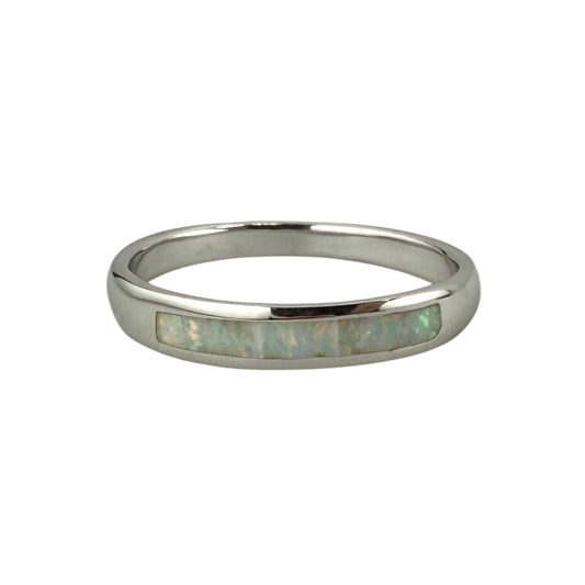 White Lab Opal Rectangle Bar Ring Sterling Silver