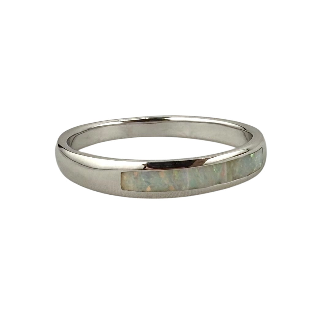 White Lab Opal Rectangle Bar Ring Sterling Silver