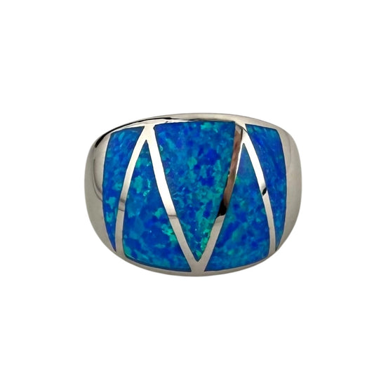 Blue Lab Opal Triangle Pattern Large Ring Sterling Silver