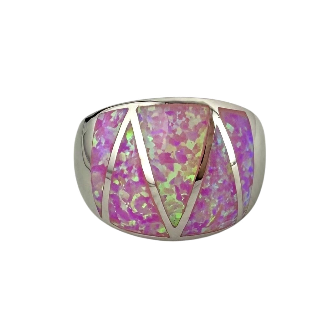 Pink Lab Opal Triangle Pattern Large Ring Sterling Silver