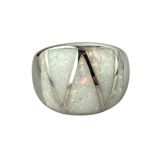White Lab Opal Triangle Pattern Large Ring Sterling Silver