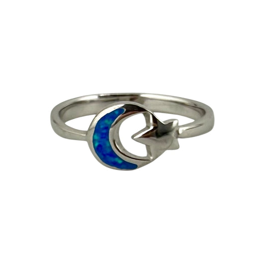 Blue Lab Opal Crescent Moon Star Ring Sterling Silver