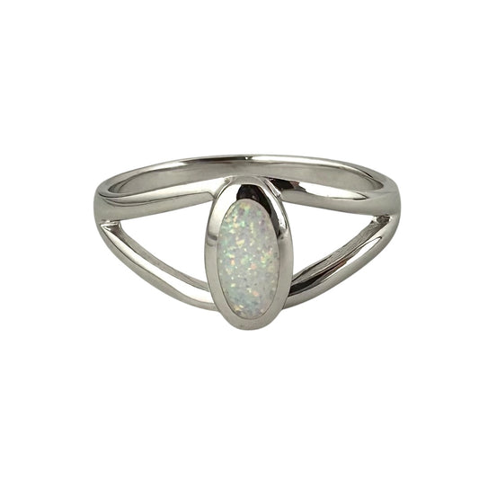 White Lab Opal Oval Ring Sterling Silver