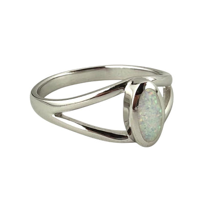 White Lab Opal Oval Ring Sterling Silver