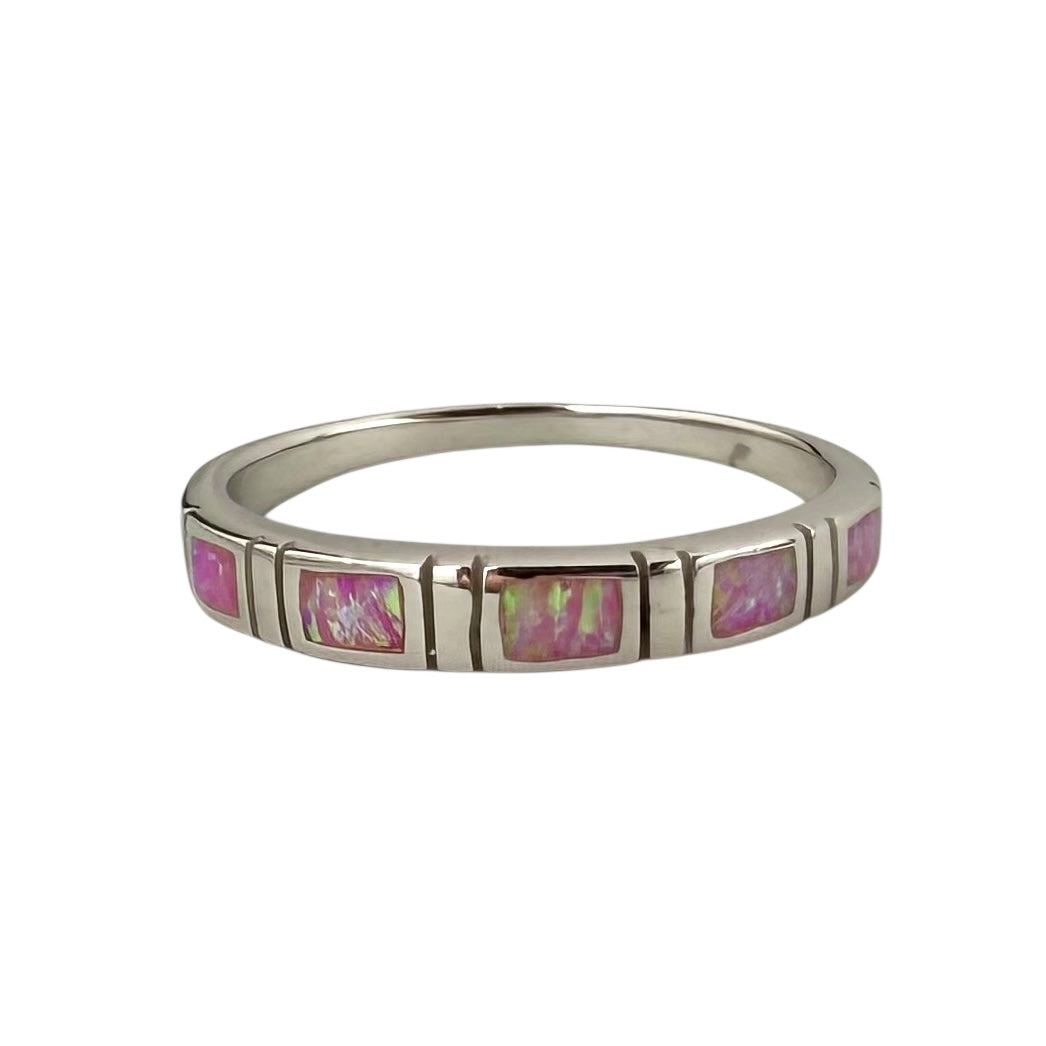 Pink Lab Opal Square Row Ring Sterling Silver