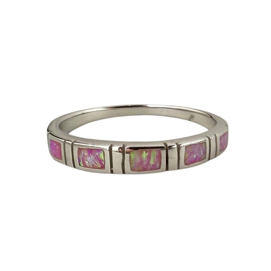 Pink Lab Opal Square Row Ring Sterling Silver