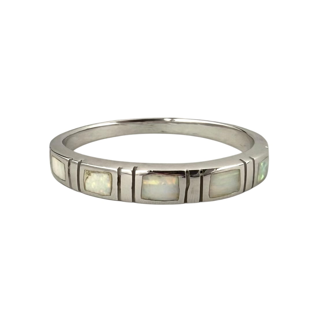 White Lab Opal Square Row Ring Sterling Silver