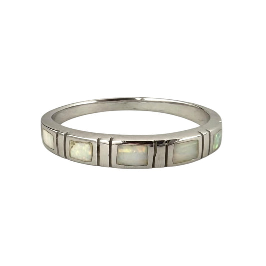 White Lab Opal Square Row Ring Sterling Silver