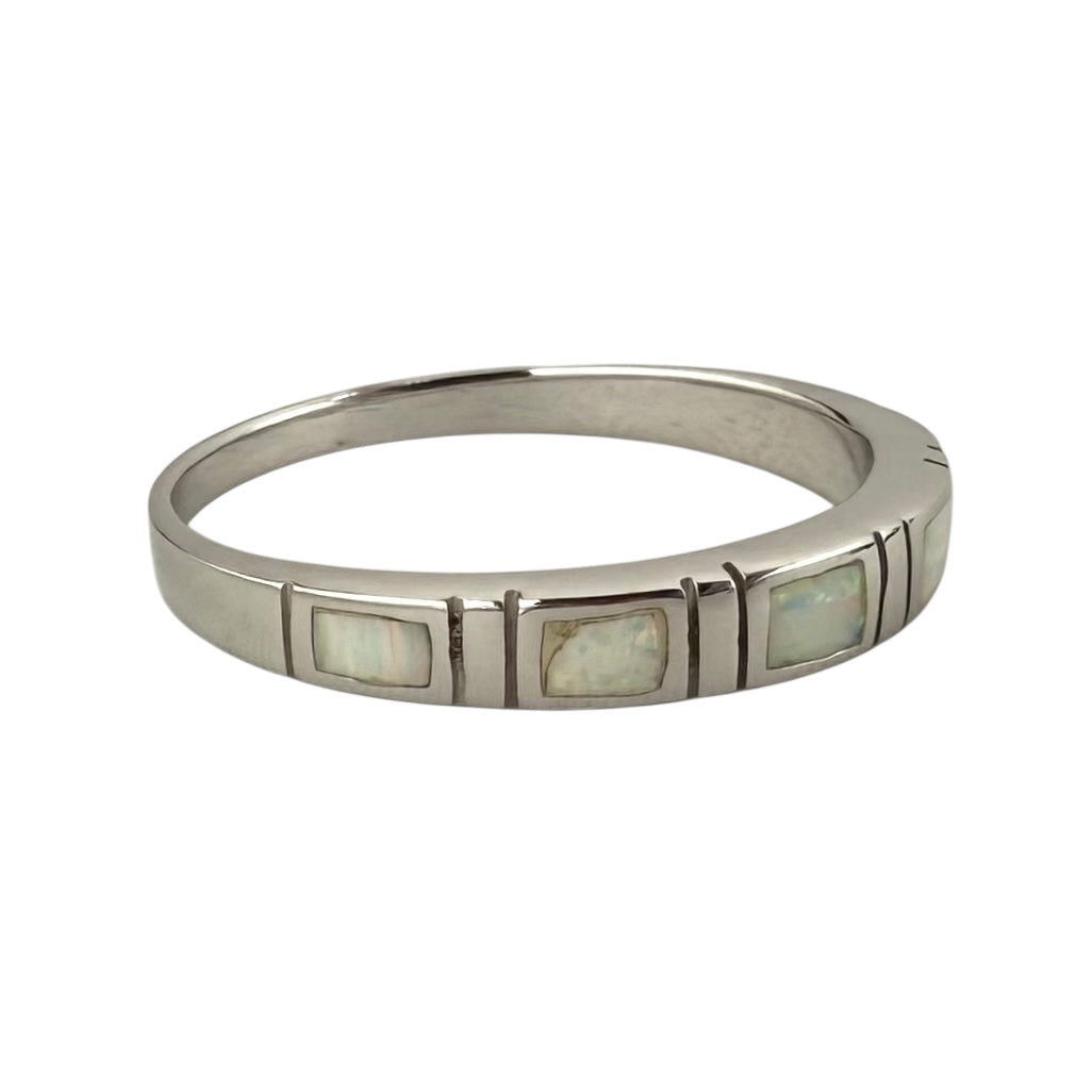White Lab Opal Square Row Ring Sterling Silver