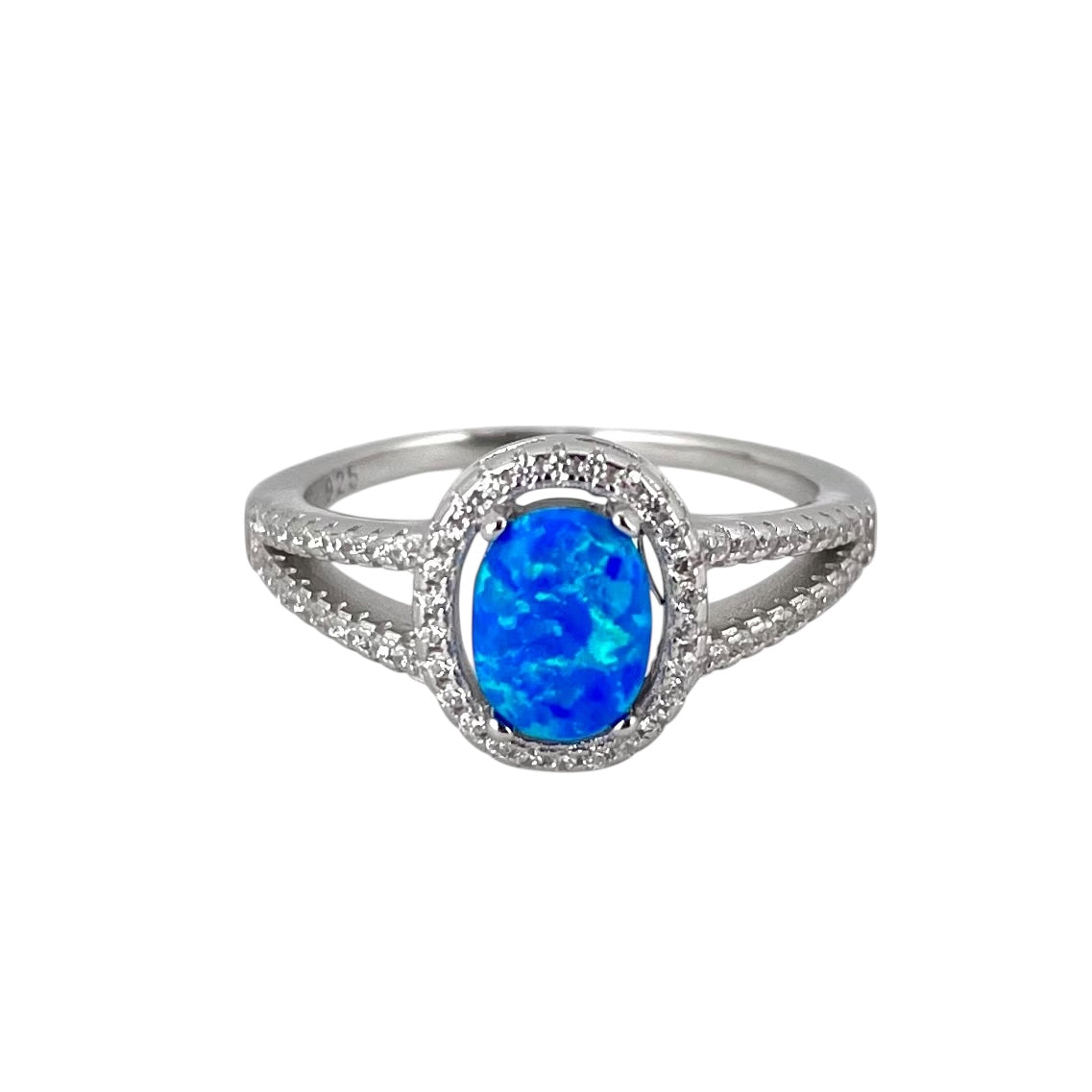 Blue Lab Opal Oval CZ Ring Sterling Silver