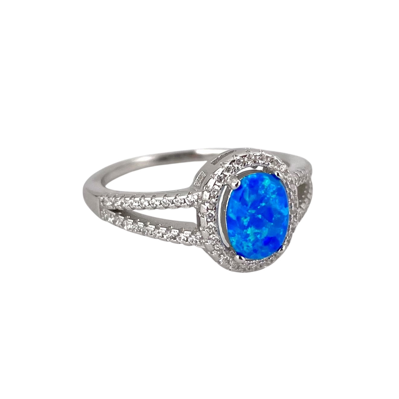 Blue Lab Opal Oval CZ Ring Sterling Silver