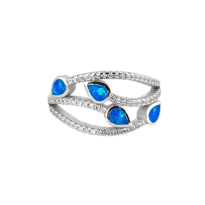 Blue Lab Opal Leaf Branch CZ Ring Sterling Silver