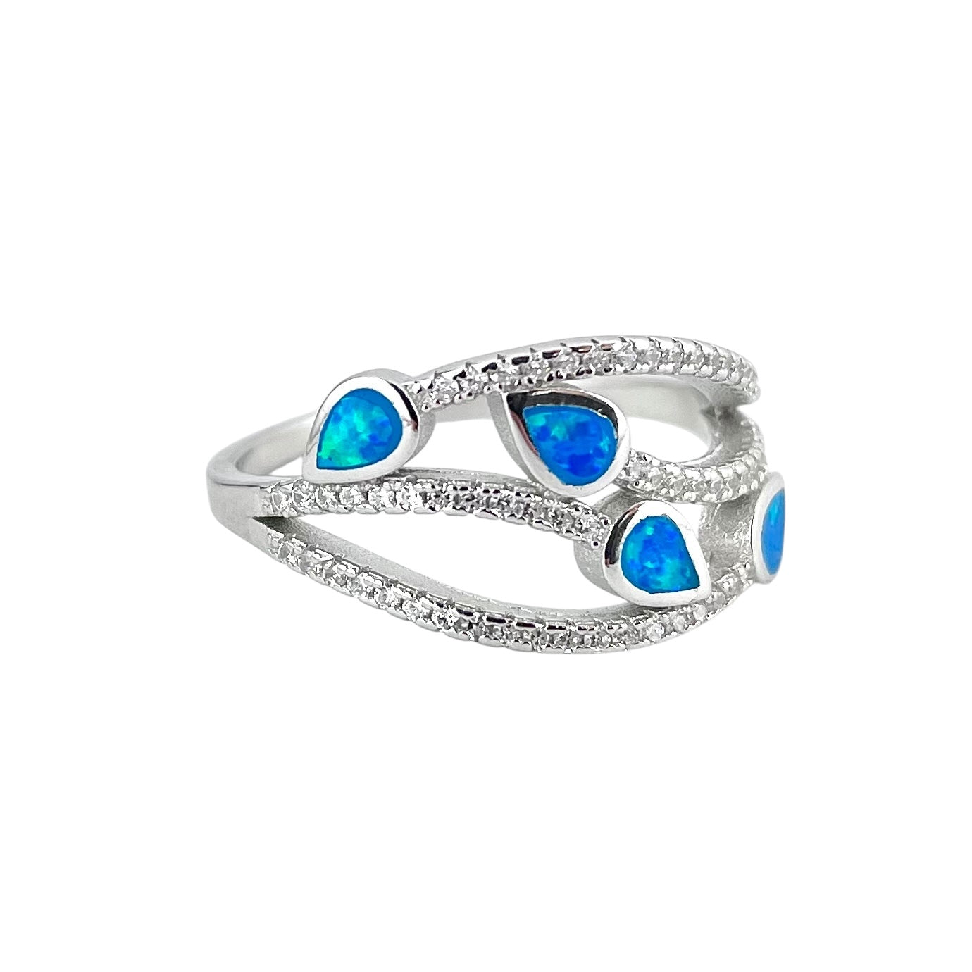 Blue Lab Opal Leaf Branch CZ Ring Sterling Silver