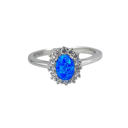Blue Lab Opal Oval CZ Ring Sterling Silver