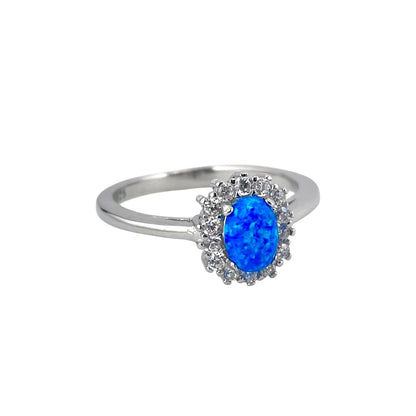 Blue Lab Opal Oval CZ Ring Sterling Silver