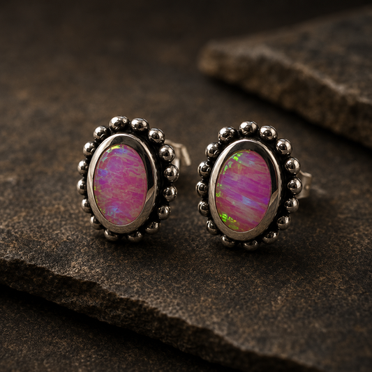 Pink Lab Opal Dotted Oval Stud Earrings Sterling Silver