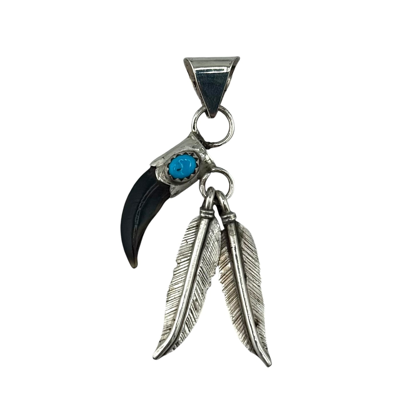 Turquoise Bear Claw Feather Navajo Pendant Sterling Silver