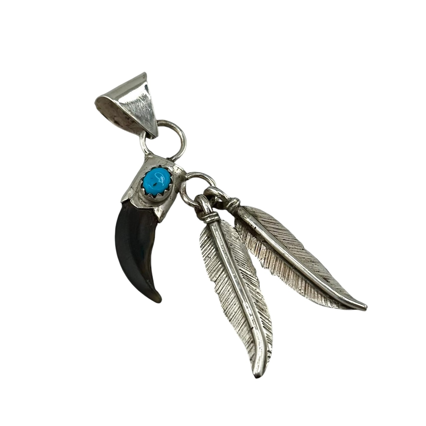 Turquoise Bear Claw Feather Navajo Pendant Sterling Silver