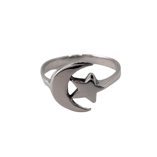 Crescent Moon & Star Ring Sterling Silver
