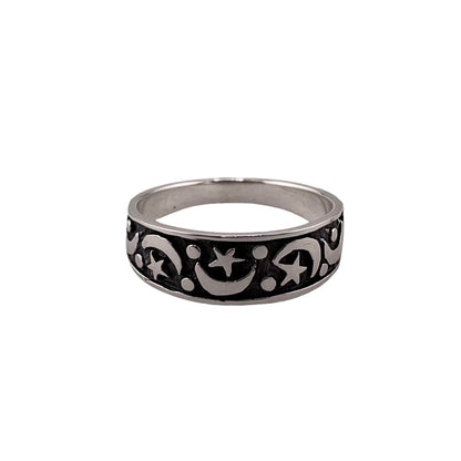 Moon & Star Imprint 7mm Band Ring Sterling Silver