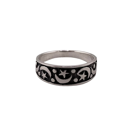 Moon & Star Imprint 7mm Band Ring Sterling Silver