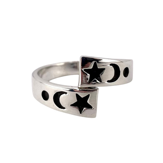 Circle Moon Star Ring Sterling Silver