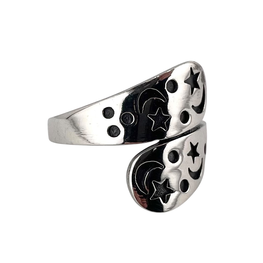 Circle Moon Star Ring Sterling Silver