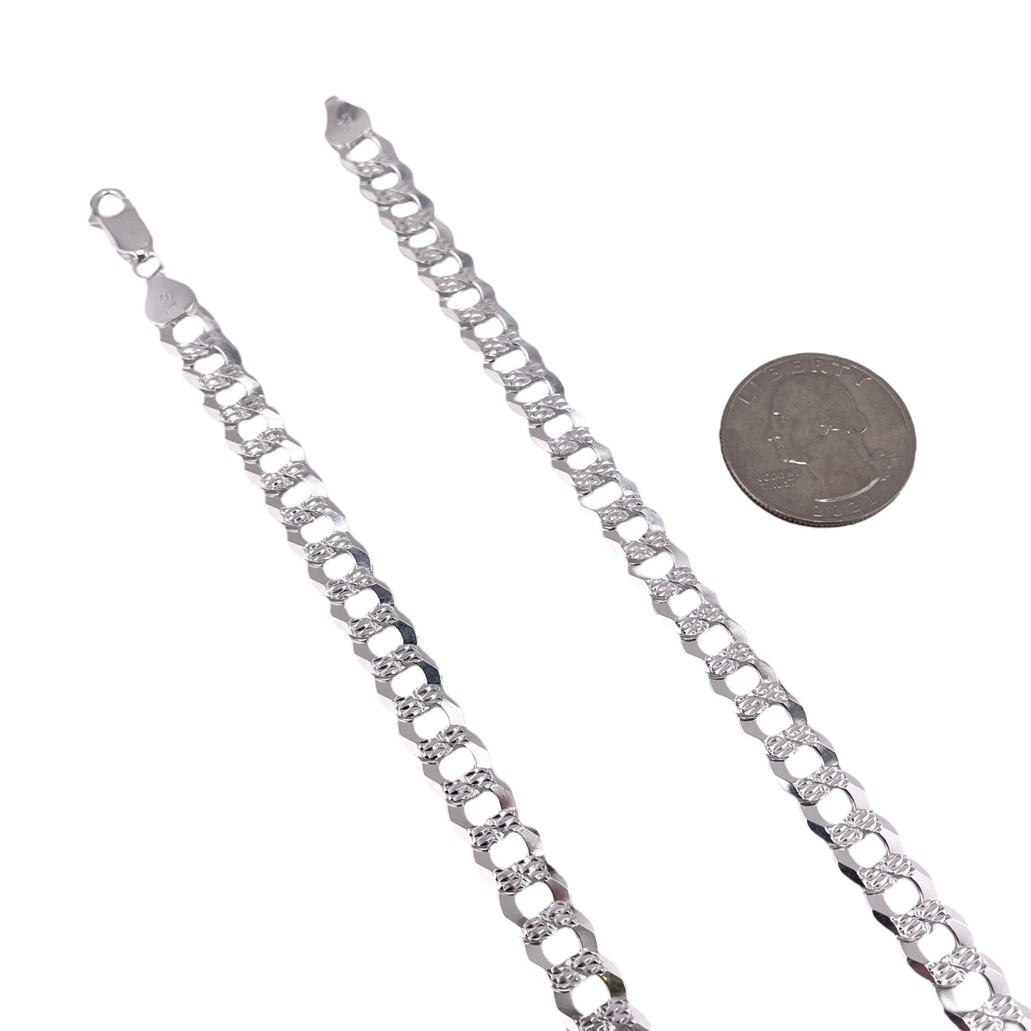 Sterling Silver Pave Super Flat Curb 200 8mm Bracelet Chain Italian Italy Solid Mens Jewelry