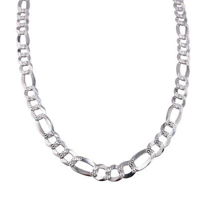 Sterling Silver Pave Super Flat Figaro 250 (10.2mm) Bracelet Chain Italian Italy Solid .925