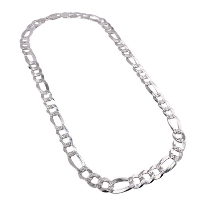 Sterling Silver Pave Super Flat Figaro 250 (10.2mm) Bracelet Chain Italian Italy Solid .925