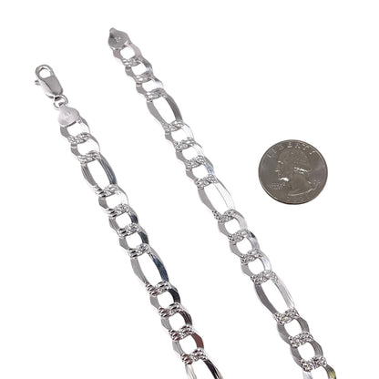 Sterling Silver Pave Super Flat Figaro 250 (10.2mm) Bracelet Chain Italian Italy Solid .925