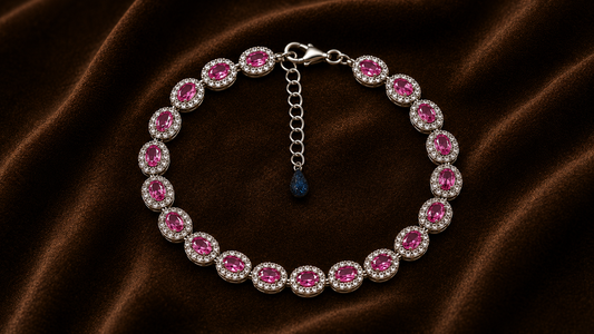CZ Pink Oval Stone Link Bracelet Sterling Silver
