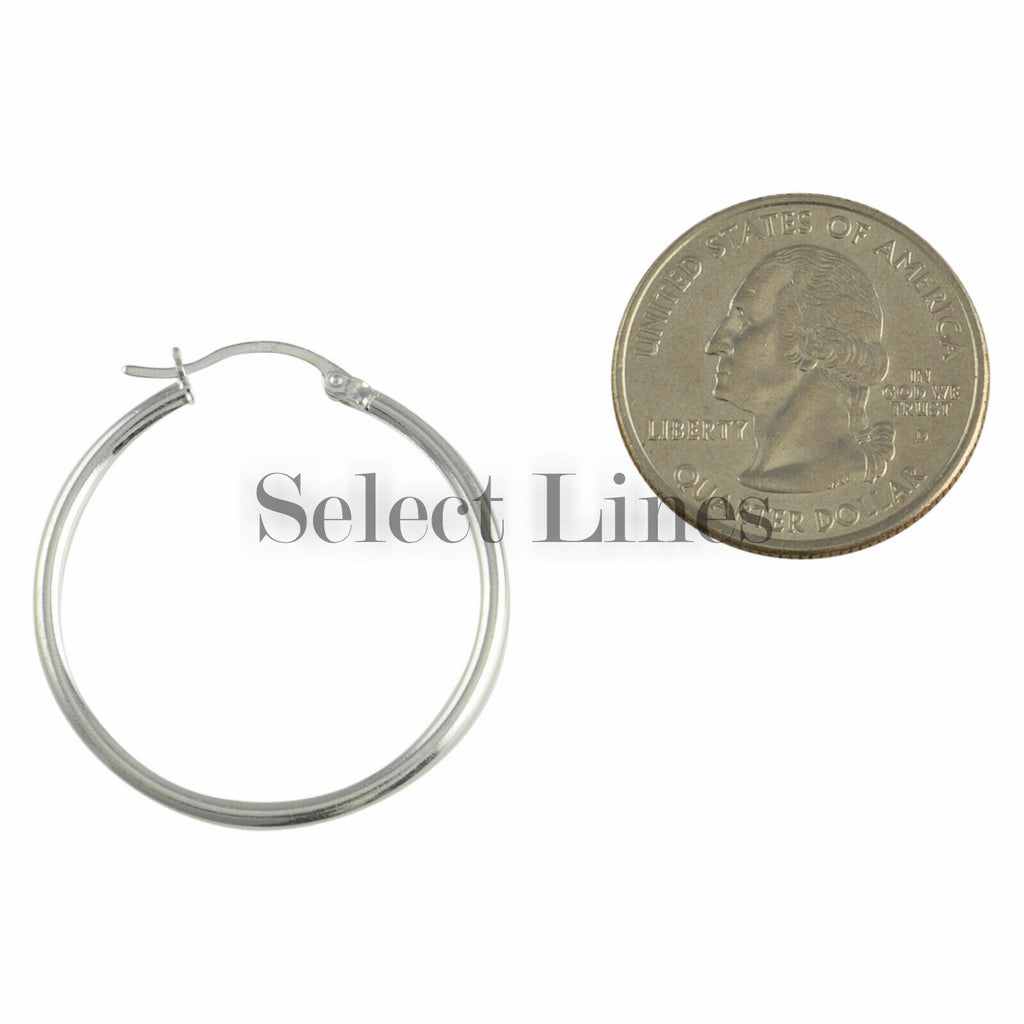 Sterling Silver 2mm x 30mm Polished Hinged Hoop Earrings Round Hollow Tube .925