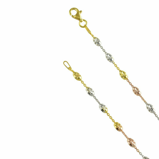 Sterling Silver Cable 3mm Nebula Oval D/C Bead Tri Color Chain Necklace Anklet