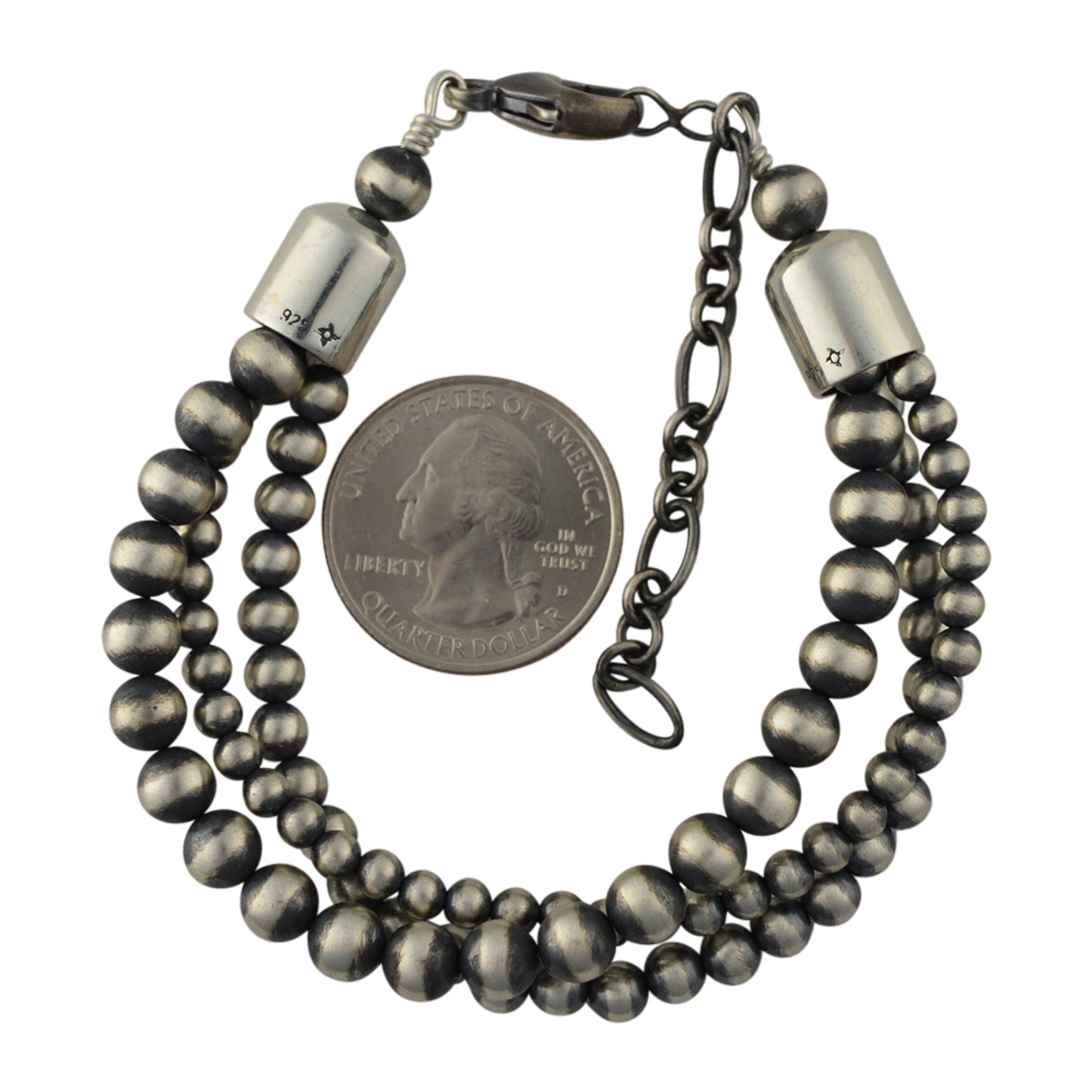Sterling Silver 3 Strand Desert Pearls Oxidized Bead Bracelet w/ Extension
