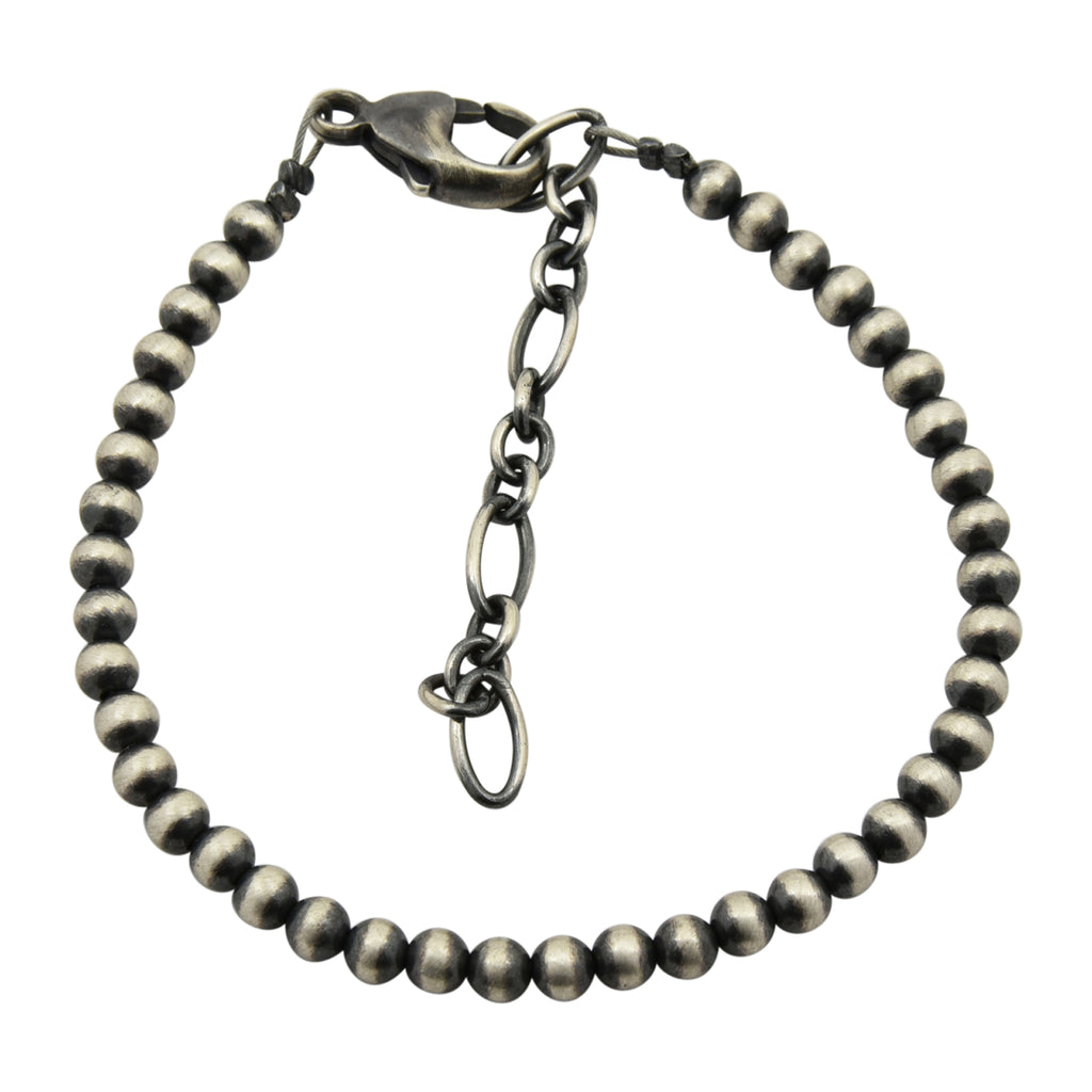 Sterling Silver Navajo Pearl Oxidize Bead Bracelet w/ Extender Chain. Available from 3mm to 10mm