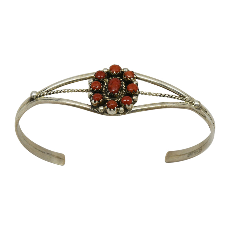 Esther White Sterling Silver Coral Cluster Navajo Cuff Bracelet