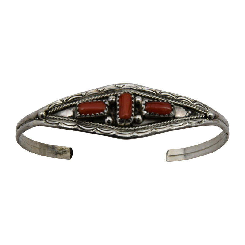 Esther White Sterling Silver Navajo Coral 3-Stone Bracelet