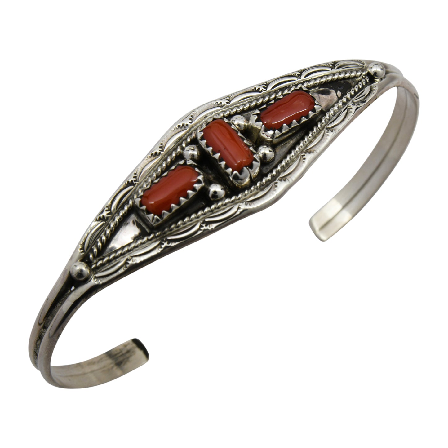 Esther White Sterling Silver Navajo Coral 3-Stone Bracelet