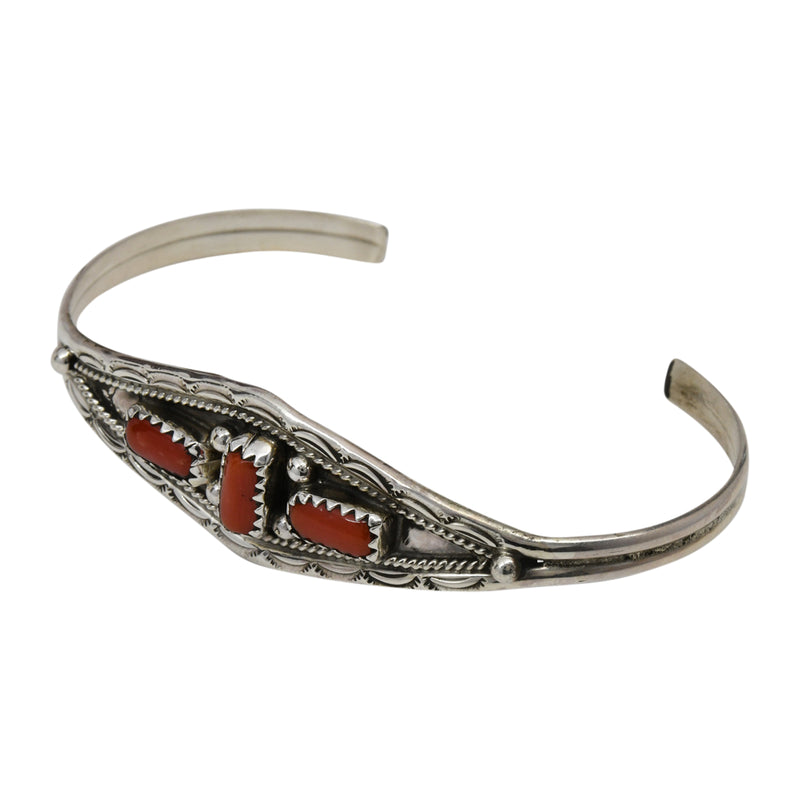Esther White Sterling Silver Navajo Coral 3-Stone Bracelet