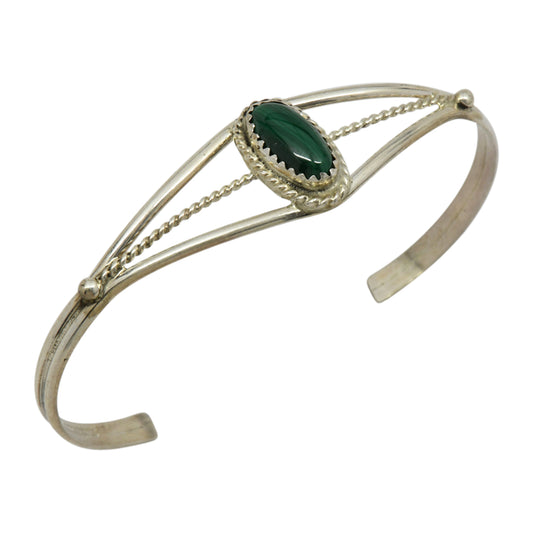 Janice White Sterling Silver Malachite Oval Twist Wire Navajo Cuff Bracelet