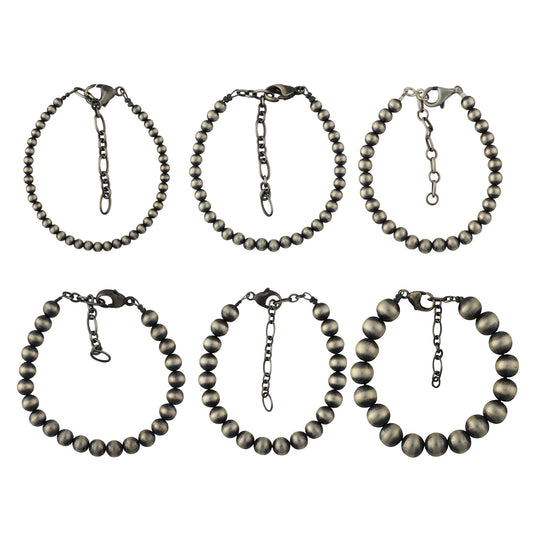 Sterling Silver Desert Pearls Oxidize Round Bead Bracelet w/ Extender Chain. Available from 3mm to 12mm