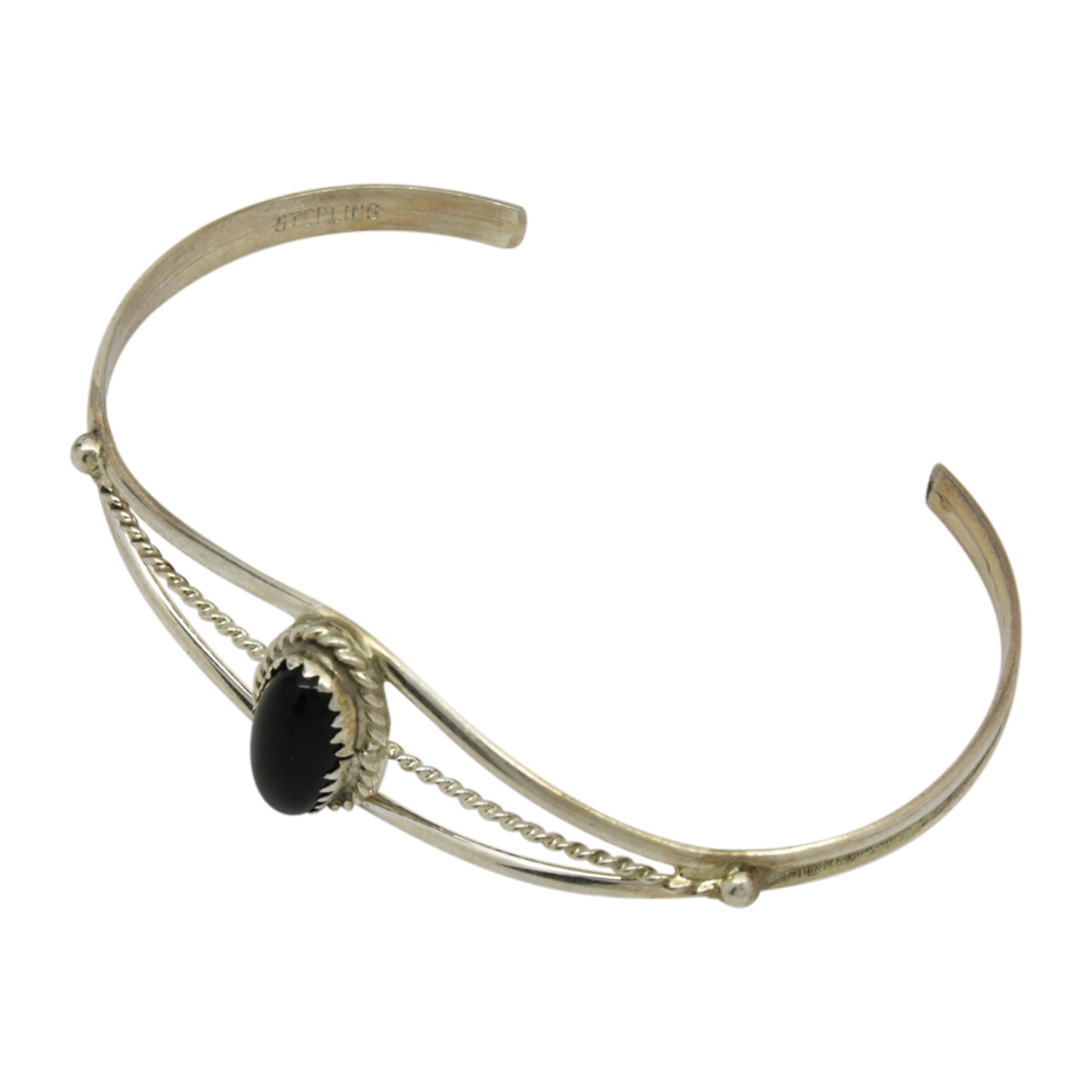 Janice White Sterling Silver Onyx Oval Twist Wire Navajo Cuff Bracelet