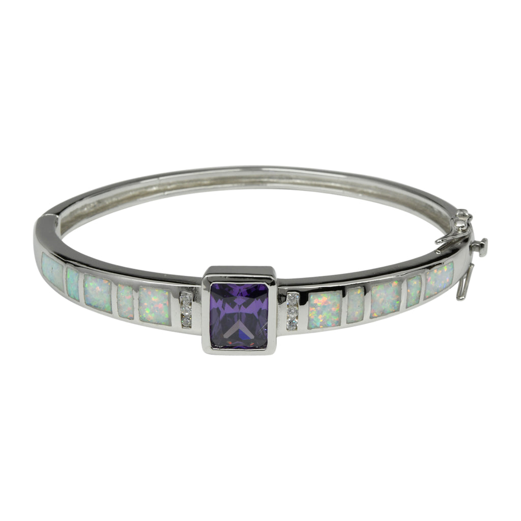 Sterling Silver White Lab Opal & Purple CZ Bangle Bracelet