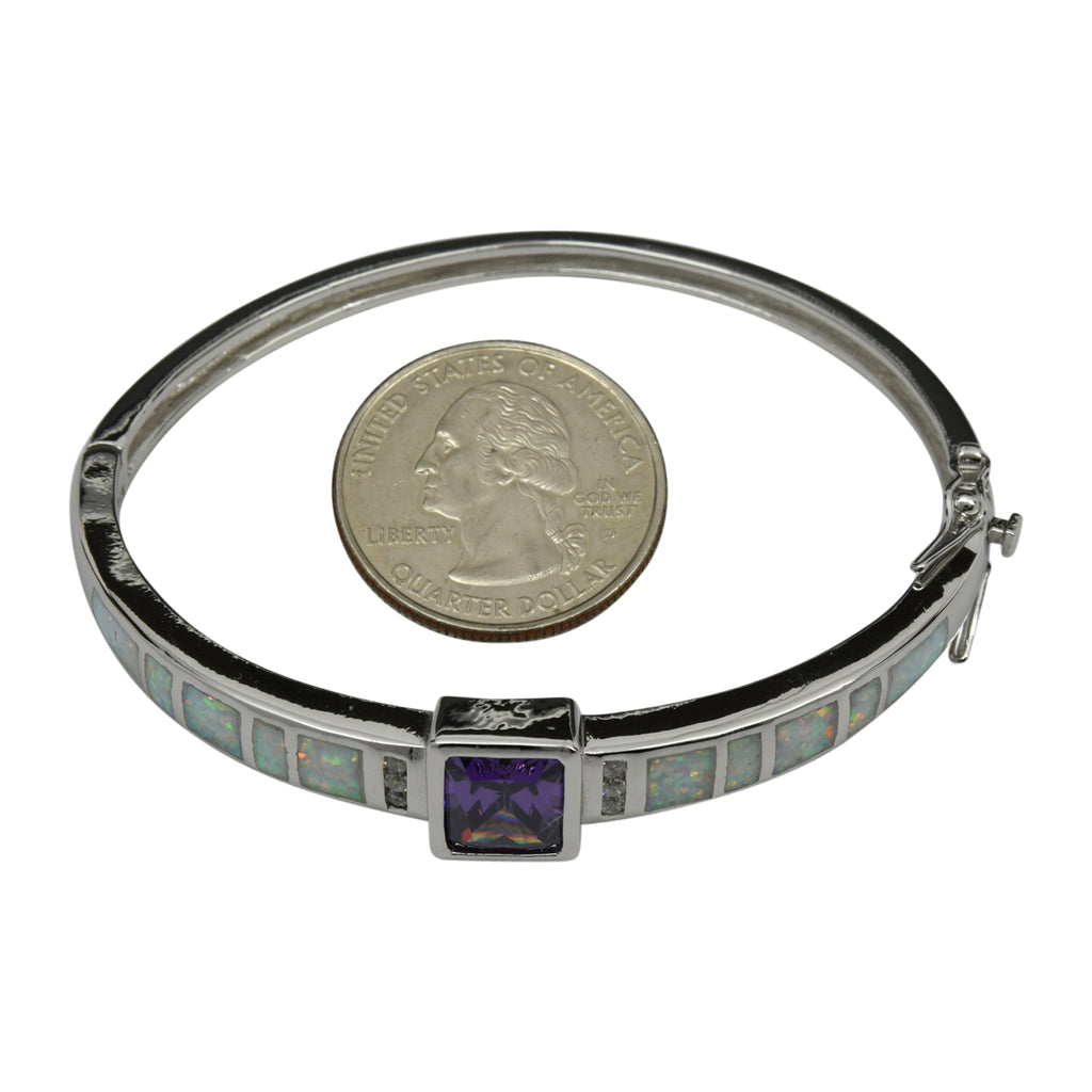 Sterling Silver White Lab Opal & Purple CZ Bangle Bracelet