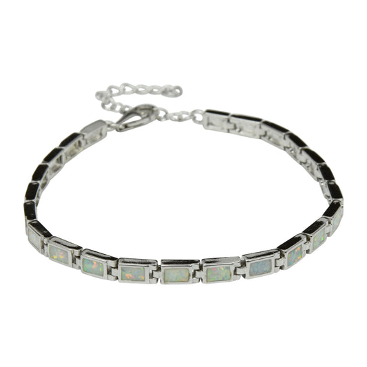 Sterling Silver White Lab Opal Small Rectangle Tennis Bracelet