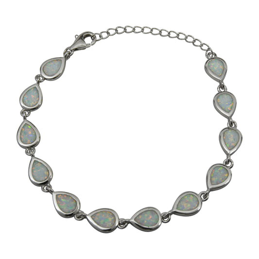 Sterling Silver White Lab Opal Tear Drop Link Bracelet