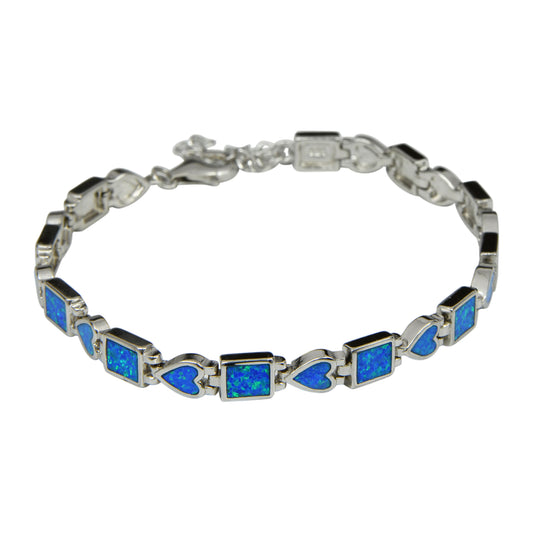 Sterling Silver Blue Lab Opal Square & Heart Tennis Bracelet