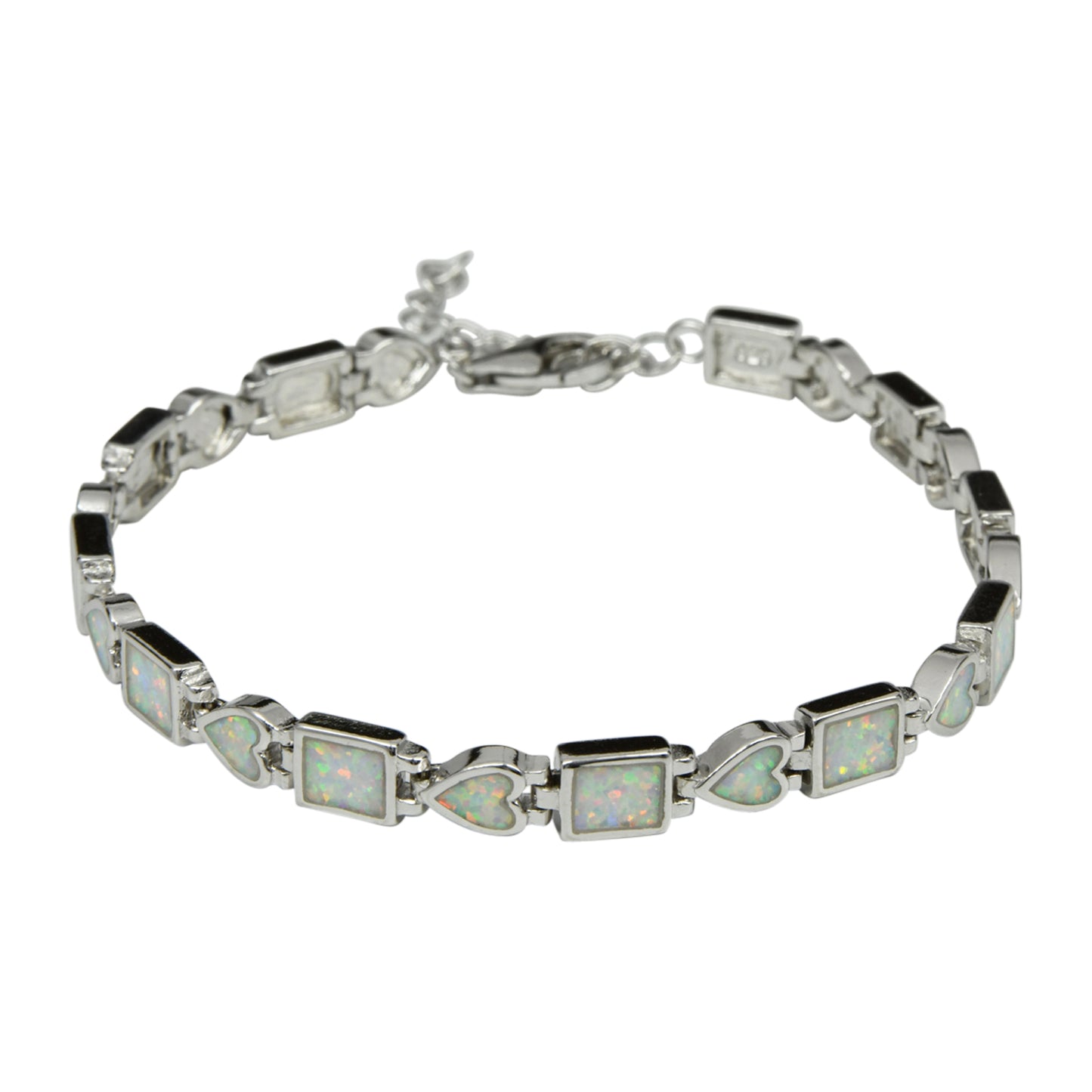 Sterling Silver White Lab Opal Square & Heart Tennis Bracelet