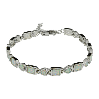 Sterling Silver White Lab Opal Square & Heart Tennis Bracelet